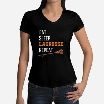 Eat Sleep Lacrosse Repeat Lax Lacrosse Girls Boys Team Women V-Neck T-Shirt | Crazezy AU