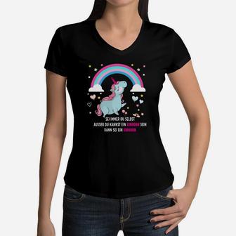 Einhorn T-T-Shirt mit V-Ausschnitt mit V-Ausschnitt Schwarz mit Regenbogen, Motivations-Spruch - Seseable