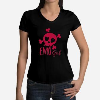 Emo Girl Pink Skull Women V-Neck T-Shirt - Thegiftio