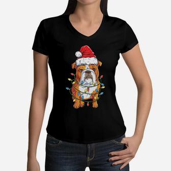 English Bulldog Santa Christmas Tree Lights Xmas Gifts Boys Sweatshirt Women V-Neck T-Shirt | Crazezy DE