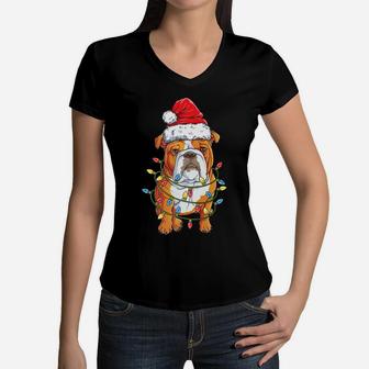 English Bulldog Santa Christmas Tree Lights Xmas Gifts Boys Women V-Neck T-Shirt | Crazezy
