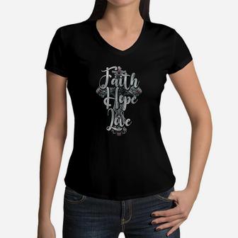 Faith Hope Love Faith Christian Quote Gift Women V-Neck T-Shirt - Seseable
