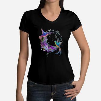 Faith Hope Love Hummingbird Colorful Gift Animal Women V-Neck T-Shirt - Seseable