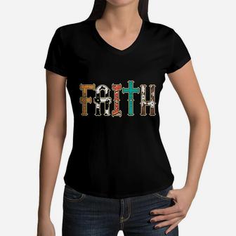 Faith Patterns God Jesus Religious Christian Men Women Kids Women V-Neck T-Shirt | Crazezy CA