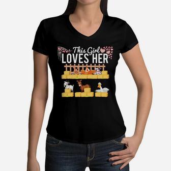 Farm Girl Who Loves Her Farm Animals Goat Chicken Horse Women V-Neck T-Shirt | Crazezy UK