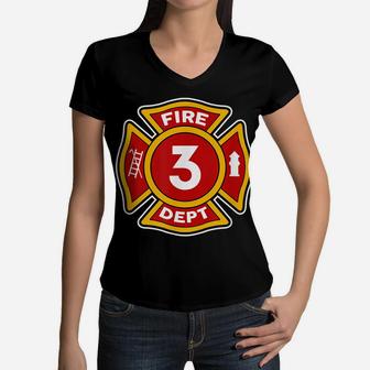 Fire 3 Dept | Firefighter Hero 3Rd Birthday Boys Gift Women V-Neck T-Shirt | Crazezy