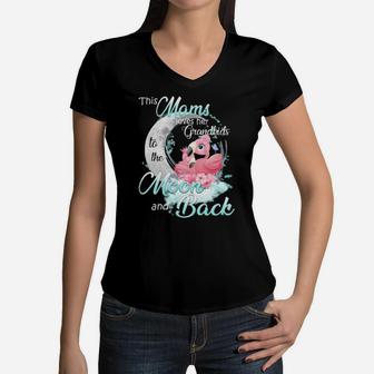 Flamingo This Mams Loves Her Grandkids To The Moon And Back Women V-Neck T-Shirt - Monsterry