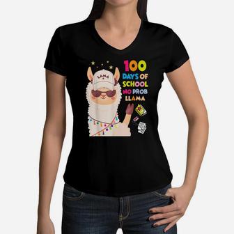 Funny 100 Days Of School No Probllama Llama Wearing Cap Kids Women V-Neck T-Shirt | Crazezy UK