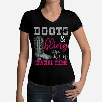 Funny Cowgirl Boots Bling Women Gift Cute Love Country Life Women V-Neck T-Shirt | Crazezy
