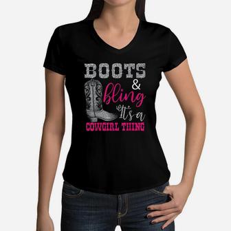 Funny Cowgirl Boots Bling Women Gift Cute Love Country Life Women V-Neck T-Shirt | Crazezy