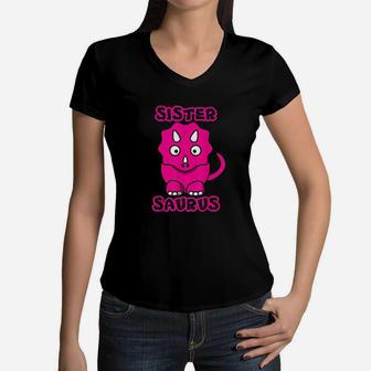 Funny Cute Kids Sister Saurus Triceratops Pink Dino Gift Women V-Neck T-Shirt | Crazezy UK