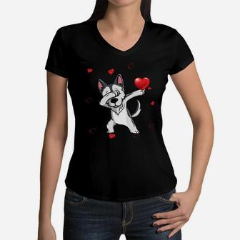 Funny Dabbing Husky Dog Breeds Valentines Day Gift Women V-Neck T-Shirt - Seseable
