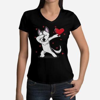 Funny Dabbing Husky Heart Valentine's Day Gift Boys Girls Women V-Neck T-Shirt | Crazezy CA