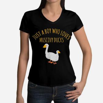 Funny Duck Hunting Just A Boy Who Loves Muscovy Ducks Women V-Neck T-Shirt | Crazezy
