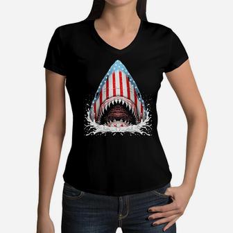 Funny Shark American Flag Jawsome 4Th Of July Boys Women V-Neck T-Shirt - Monsterry