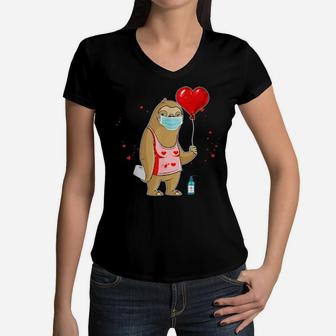 Funny Sloth Valentines Day For Girls Heart Women V-Neck T-Shirt - Monsterry