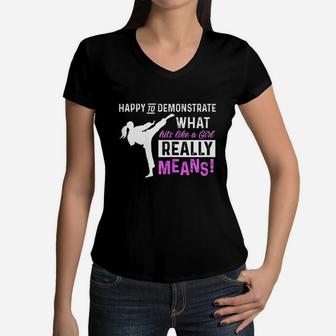 Funny Taekwondo Hits Like A Girl Martial Arts Women V-Neck T-Shirt - Thegiftio