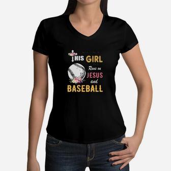 Funny Watercolor Girl Run On Jesus And Baseball Women V-Neck T-Shirt - Monsterry AU