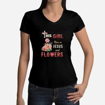 Funny Watercolor Girl Run On Jesus And Flowers Women V-Neck T-Shirt - Monsterry AU