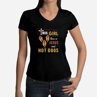 Funny Watercolor Girl Run On Jesus And Hot Dogs Women V-Neck T-Shirt - Monsterry AU