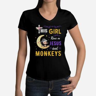 Funny Watercolor Girl Run On Jesus And Monkeys Women V-Neck T-Shirt - Monsterry UK