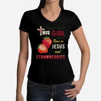 Funny Watercolor Girl Run On Jesus And Strawberries Women V-Neck T-Shirt - Monsterry AU