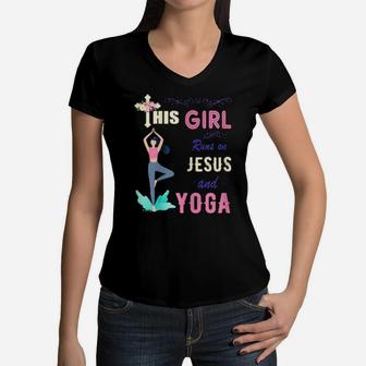 Funny Watercolor Girl Run On Jesus And Yoga Women V-Neck T-Shirt - Monsterry