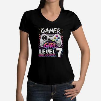 Gamer Girl Level 7 Unlocked Video Game 7Th Birthday Women V-Neck T-Shirt | Crazezy UK