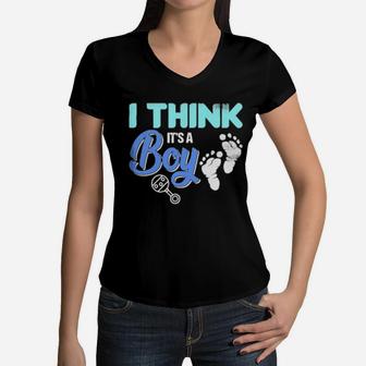Gender Reveal I Think It's A Boy Baby Shower Party Women V-Neck T-Shirt - Monsterry UK