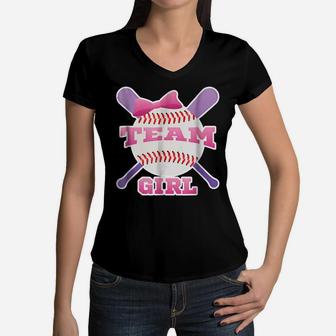 Gender Reveal Party | Team Girl, Pink Baseball T Shirt Women V-Neck T-Shirt | Crazezy DE