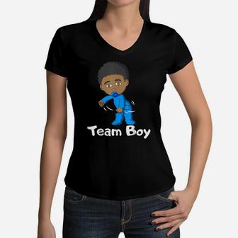 Gender Reveal Party Team Boy Cute Flossing Black Baby Floss Women V-Neck T-Shirt | Crazezy UK