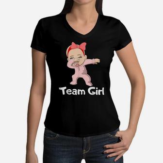 Gender Reveal Party Team Girl Dabbing Baby Women V-Neck T-Shirt | Crazezy