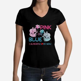 Gender Reveal Pink Or Blue Boy Or Girl Party Supplies Family Women V-Neck T-Shirt | Crazezy DE