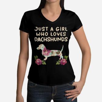 Girl Loves Dachshunds Flower Weiner Sausage Dog Animal Gift Women V-Neck T-Shirt | Crazezy DE