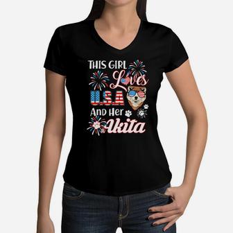 Girl Loves Usa And Akita Dog 4Th Of July Gifts Women V-Neck T-Shirt - Monsterry AU
