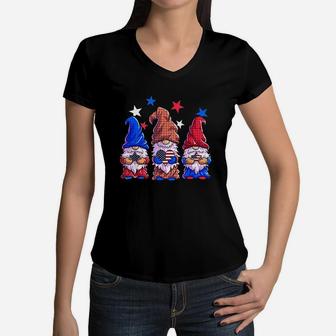 Girls American Flag Stars Gnome Women V-Neck T-Shirt | Crazezy