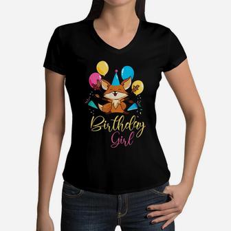 Girls Animal Lovers Birthday Girl Fox Themed B-Day Party Women V-Neck T-Shirt | Crazezy