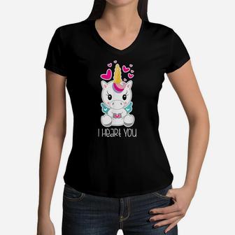 Girls Cute Unicorn I Heart You Shirt Gift For Valentines Day Women V-Neck T-Shirt | Crazezy