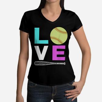Girls Love Softball Best Fun Birthday Players Lovers Women V-Neck T-Shirt | Crazezy AU