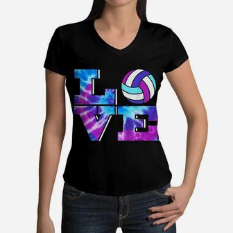 Girls Love Volleyball Tie Dye Teenage Women Birthday Gift Women V-Neck T-Shirt | Crazezy