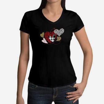 Girls Valentines Day Hearts Love Leopard Plaid Women V-Neck T-Shirt - Monsterry DE