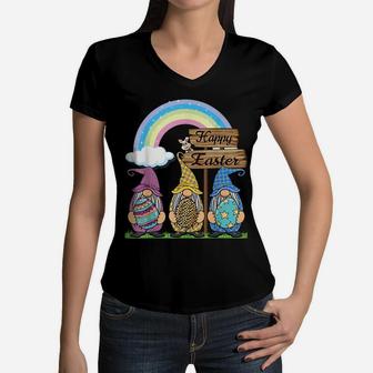 Gnome Easter Shirt Women Leopard Print Easter Egg Teen Girls Women V-Neck T-Shirt | Crazezy DE
