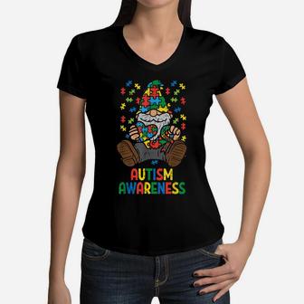 Gnome Puzzle Ribbon Autism Awareness Men Women Teacher Kids Women V-Neck T-Shirt | Crazezy DE
