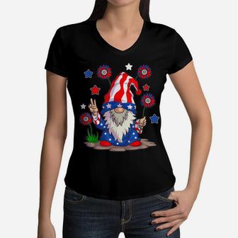 Gnomes 4Th Of July Women Gnome Lover Girls American Flag Women V-Neck T-Shirt | Crazezy DE