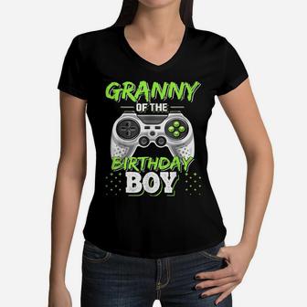 Granny Of The Birthday Boy Matching Video Game Birthday Women V-Neck T-Shirt | Crazezy