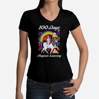 Happy 100 Days Of School For Girls Magical Unicorn And Dog Women V-Neck T-Shirt | Crazezy AU