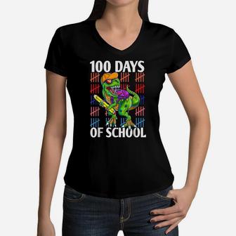 Happy 100 Days Of School Shirt Boy Girl Dinosaur Lover Women V-Neck T-Shirt | Crazezy DE