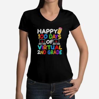 Happy 100 Days Of Virtual Second Grade Kids Online Teaching Women V-Neck T-Shirt | Crazezy CA