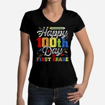Happy 100Th Day First Grade School Party Studining Girls Boy Women V-Neck T-Shirt | Crazezy