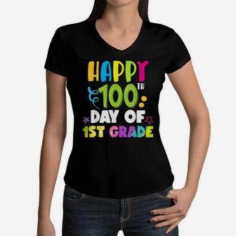 Happy 100Th Day Of 1St Grade | Funny Teachers & Kids Gift Women V-Neck T-Shirt | Crazezy DE